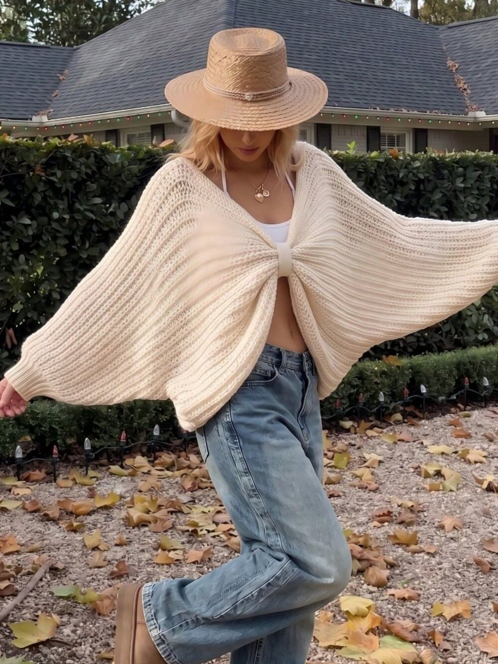 Apricot Casual Women's  V-Neck Batwing Pullover sweater Top